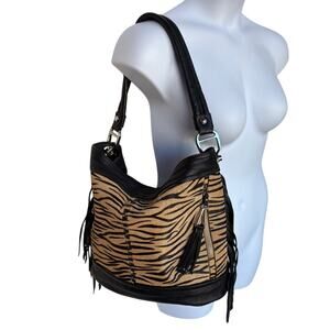 B. Makowski Large Tiger Print Calfskin and Leather Fringed Statement Hobo Bag